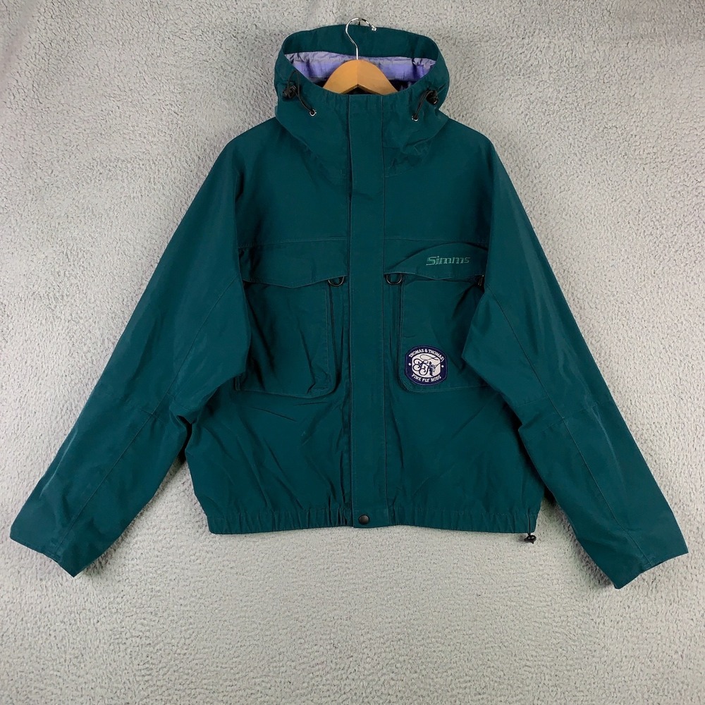 Simms Gore-tex Dry Coat Jacket Men's Large L Green Hooded Fly Fishing Waterproof